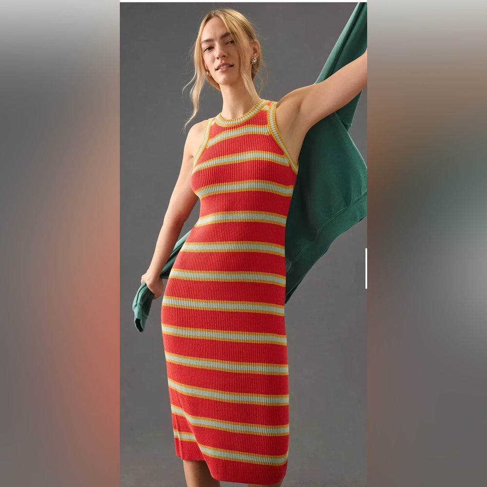 MOTHER The chin ups Red and Yellow mint Striped Midi Dress Xs